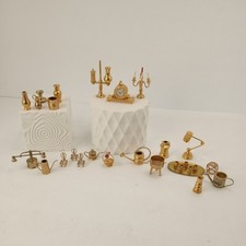 Miniature Vintage Dollhouse Brass Kitchen Accessories Teapot Tray Mortar 23 pc.
