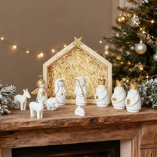 White & Gold Nativity Set Little People Holy Family Manger Christmas Decor NEW