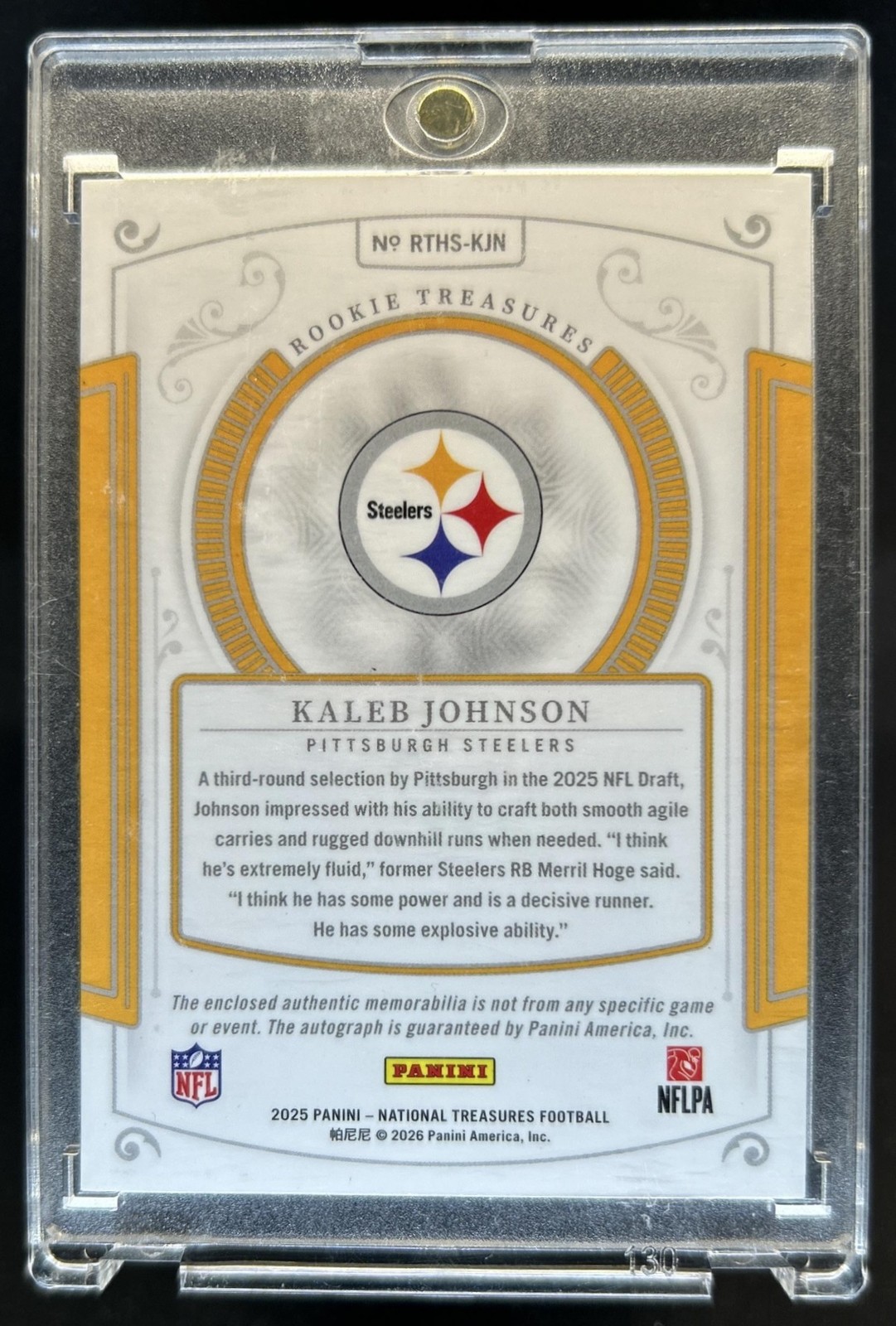 2025 National Treasures Kaleb Johnson Platinum Rookie NFL Patch Auto #1/1 view 2