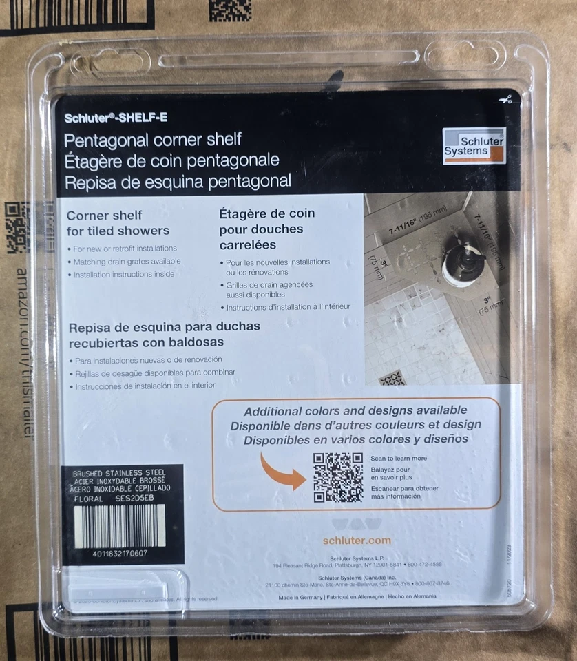 PRATELEIRA DE CANTO PENTAGONAL SCHLUTER PARA PAREDES DE AZULEJOS FLORAL AÇO INOXIDÁVEL NOVA - Imagem 3 de 4