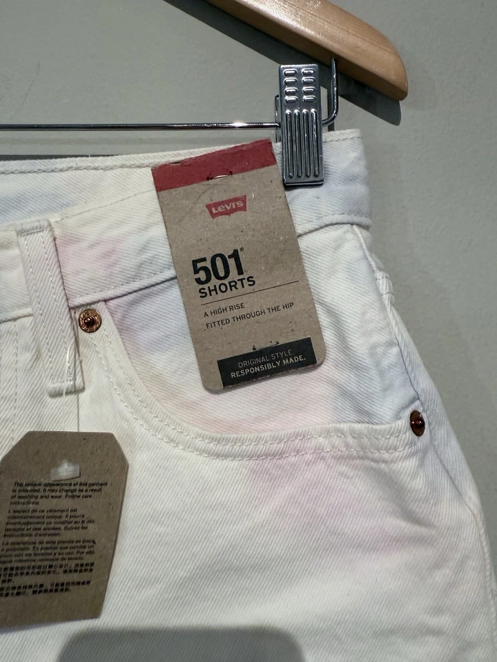 Pantalones Cortos Para Mujer LEVI'S 501 Corte Talla 26 Blanco Rosa Azul Tie Dye Tire Alto Foto 3 de 4
