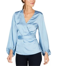 I.N.C Womens Blouson Sleeve Wrap Blouse, blue, M