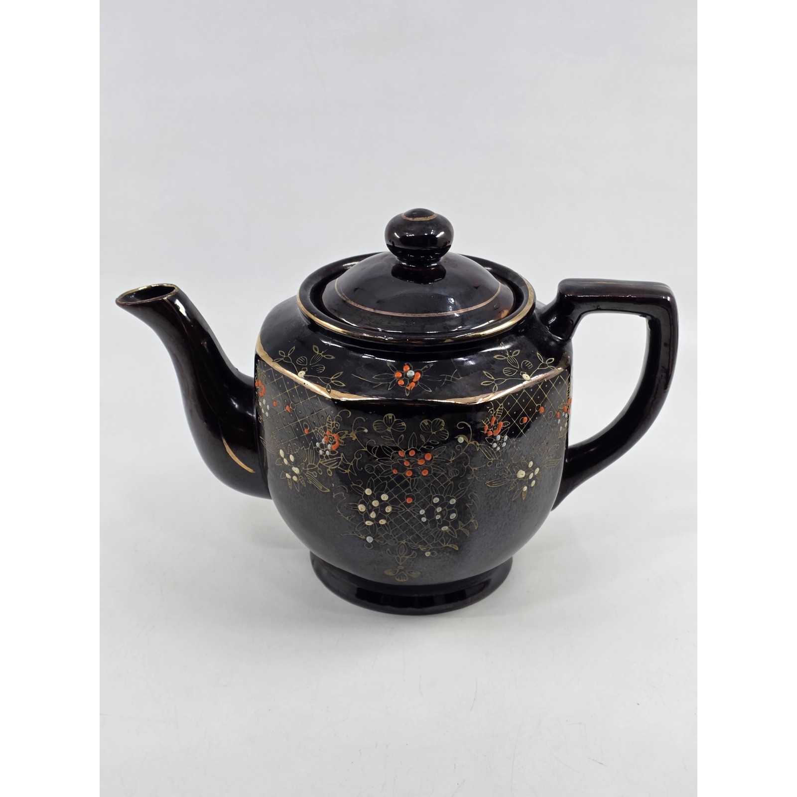 Vintage Brown Glazed Ceramic Teapot Hand Painted Floral Gold Trim Japan Style