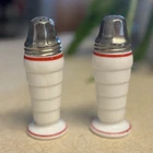 Vintage Milk Glass with Red Stripes and Silver Top Salt & Pepper Shakers