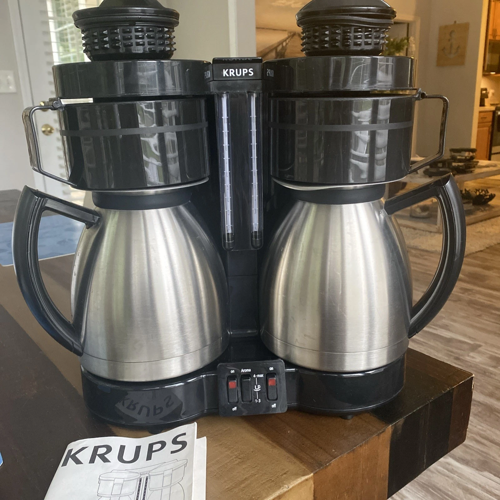 KRUPS Duothek Coffee Maker F324 Aroma Double Stainless Steel Carafe/Lids- Works