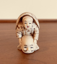 Vintage Japanese Netsuke Resin Miniature Figure Woman Holding Head SIGNED