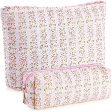 Paterr 2 Pcs Cotton Quilted Makeup Bag Set Coquette Pink Rectangle,