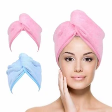 2PCS Rapid Fast Drying Hair Absorbent Towel Turban Wrap Soft Shower Bath Cap Hat
