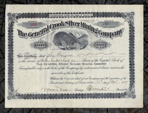 1897 DEADWOOD ⛏ General Crook Silver Mining Company Stock DAKOTA Black Hills - Zdjęcie 1 z 1