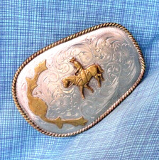 Horse  Rider Belt Buckle Western Scroll Cowboy Cowgirl Vtg Alpaca Mexico.NOX736