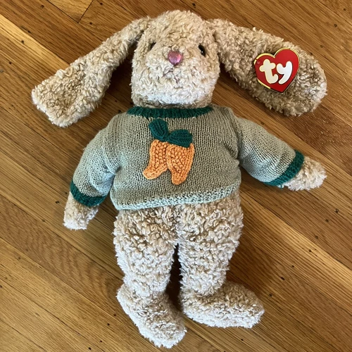 Vtg 1991 TY Curly Brown Bunny Rabbit Plush 16" NOS Carrots Green Sweater Tags
