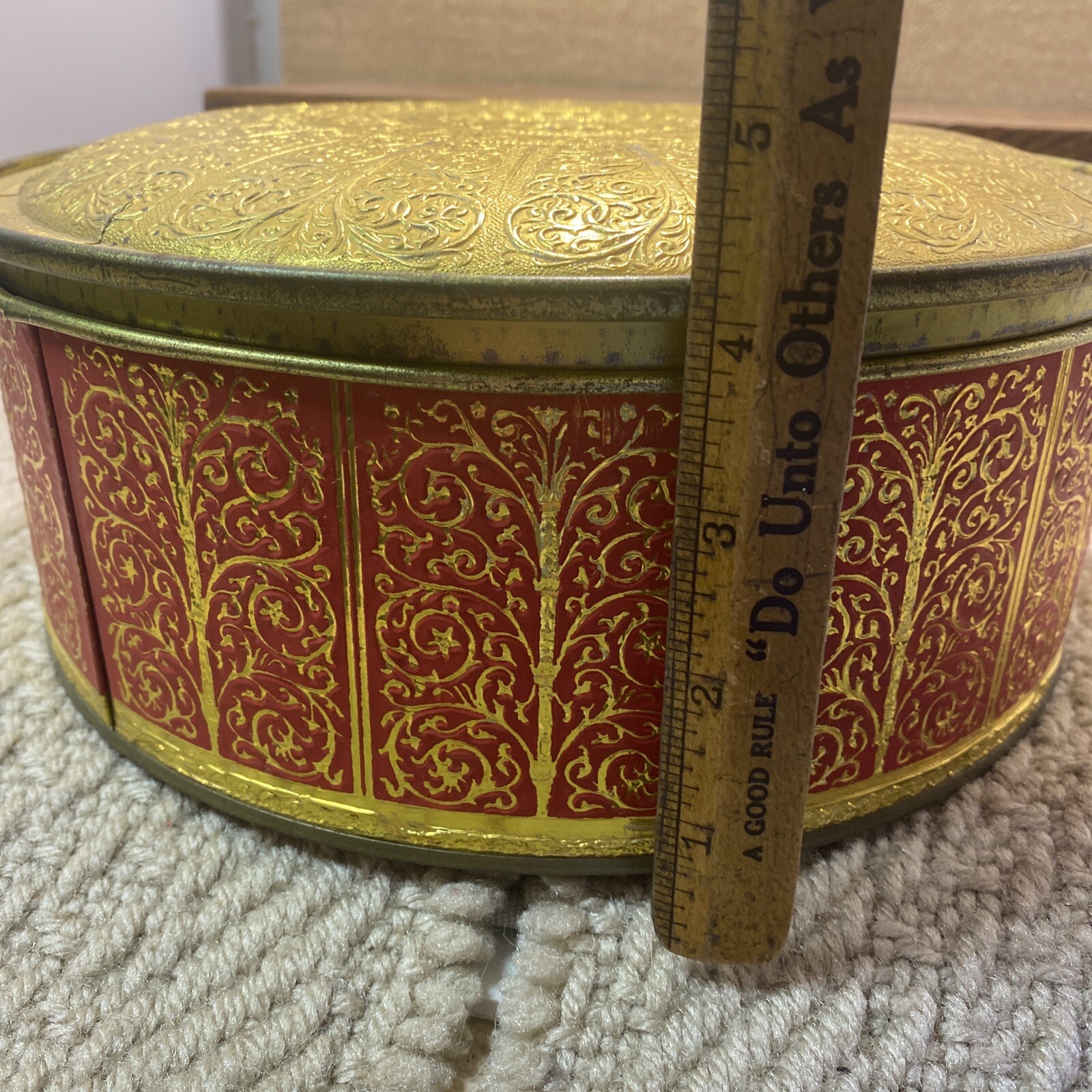 Vintage 10" Metal Guildcraft Gold Red Filigree Tin Sewing Box With