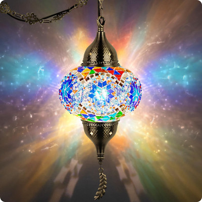 Turkish Moroccan Pendant Hanging Ceiling Light w/ 15' Cord, Tiffany Style Mosaic