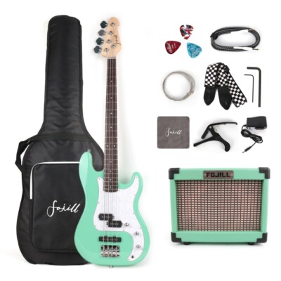 Full Size 4 Four String Electric Bass Guitar Kit Set with amplifier in Green