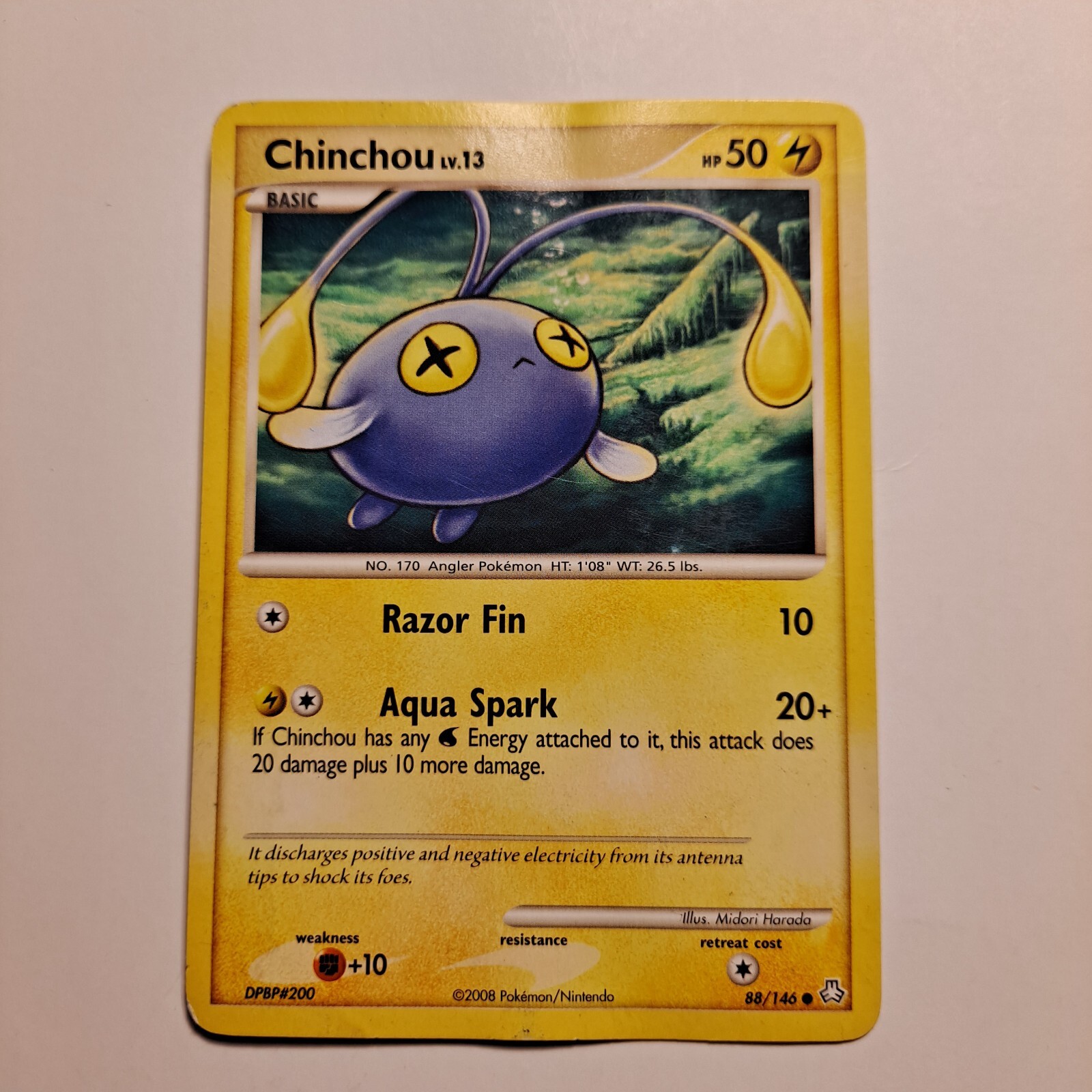 Chinchou Pokemon Card Lv 13 Hp 50 2008 88/146