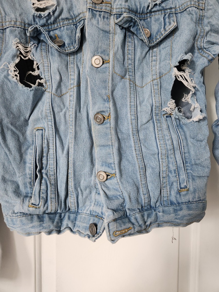Love Tree Denim Blue Jean Jacket Heavy Distressed Light Wash