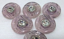 SET OF 6 (SIX) LAVENDER PURPLE CZECH GLASS BUTTONS WITH RHINESTONE 9/10" 22 mm
