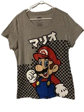 Junior Women's Super Mario Checkered Nintendo T-Shirt XXXL Gray Y2K Retro Comfy