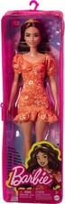NEW Barbie Fashionistas Doll 182 Orange Floral Print Dress Mattel Brunette Barbi