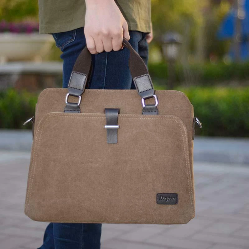 Canvas Handbag Men Briefcase 14 inch Laptop Bag Shoulder Bag Messenger Bag - Image 2 of 4