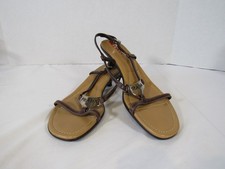 VTG Prada Metal Triangle Logo Brown Leather Slingback Kitten Heel Sandals 39.5