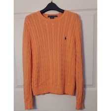 Ralph Lauren Orange Cable-Knit Crew Sweater with Navy Pony Sz. L