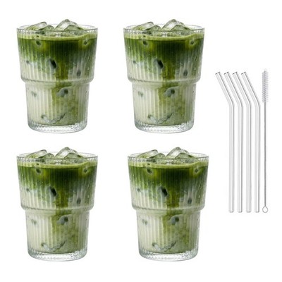 4er Set Geriffelte Trinkgläser 350ml Iced Matcha Latte Gläser Macchiato Wasser