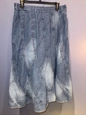 L Studio West Denim Maxi Skirt Womens Stone Wash Patchwork Western Rodeo Flare