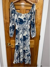 Womens Reformation Blue and White Mica Garden Party Midi Dress in Avian Size 2