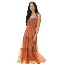 Trixxi Floral Tiered Maxi Dress Rust Orange Lurex XS Boho Cottagecore
