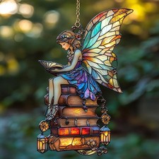 Fairy Reading Books Acrylic Suncatcher Faux Stained Glass Window Hanging Decorat