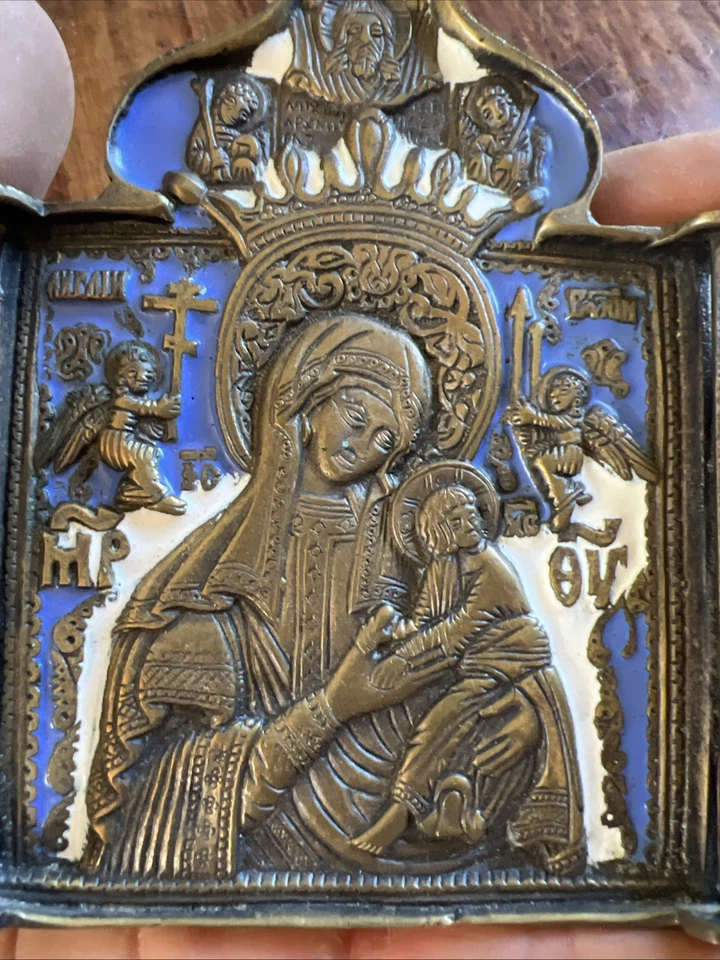 Triptyque Icone Russe Bronze Emaillé Notre Dame de Kazan Russian Sacred - Photo 2/4