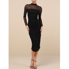 NWT Lulus Impressive Flirt Black Mesh Ruched Mock Neck Midi Dress Small