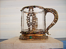 ANTIK  PRUNKHUMPEN 925 Silber vergoldet Edelsteinbesatz Glas Bierkrug Tankard