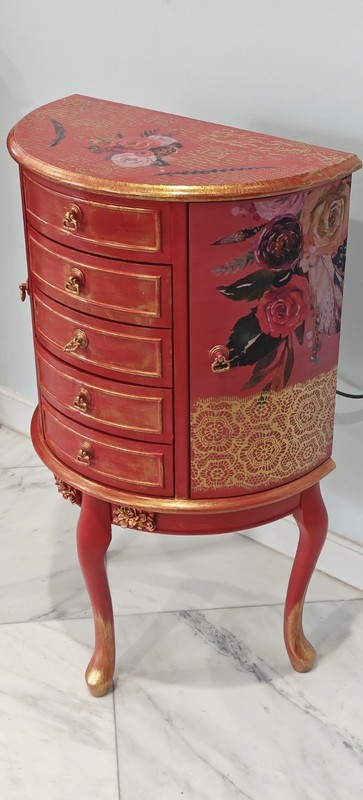Red/Gold Floral Wood Jewelry Box w/ Mirror, Lined, 5 Drawers Ring/Earring