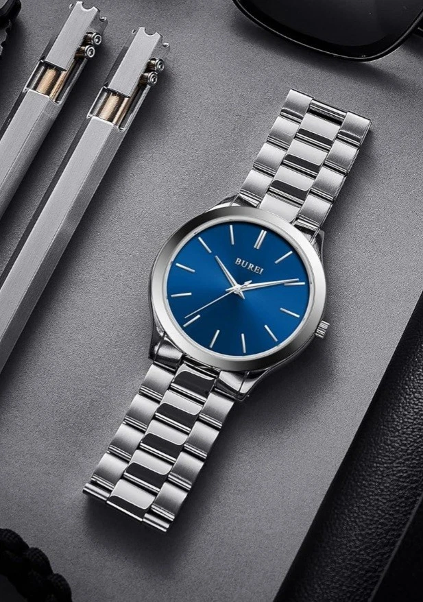 BUREI Reloj Hombre Acero Inoxidable Cuarzo Japonés, Azul Plata, Excelente Foto 4 de 4