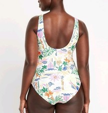 Plus Size 2x One Piece Swimsuit White Palm Beach Sailboat Print Women Swim Scoop