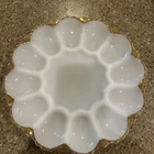 Vintage Anchor Hocking White Glass Deviled Egg Plate Gold Trim Mid Century Mod