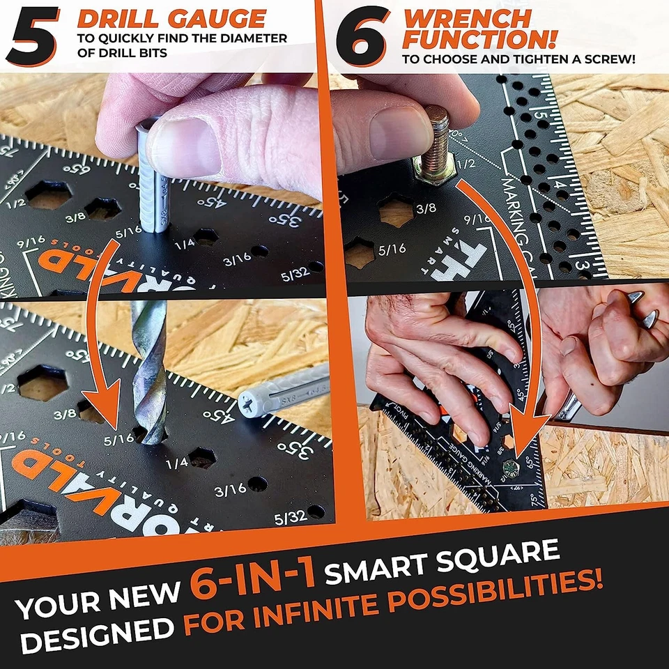 Cuadrado de carpintero 6 en 1 - 180 mm cuadrado en T herramientas de carpintero multiusos con... Foto 3 de 4