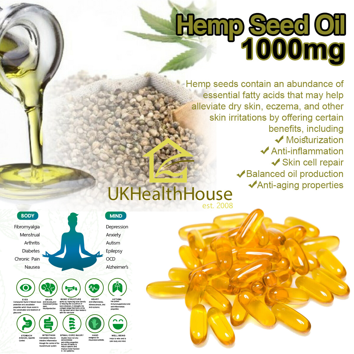 Pure Hemp Seed Oil Capsules 1000mg x 360 Omega 3 & 6 GLA Cold