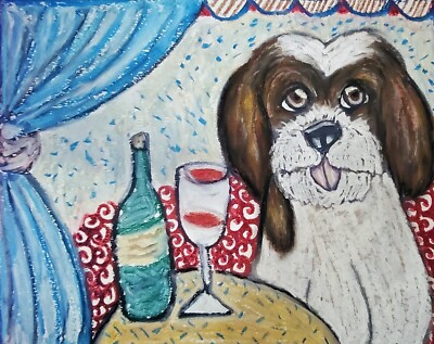 SHIH TZU with Red Wine 8 x 10 Dog Art Print Signed by Artist KSams Brown White