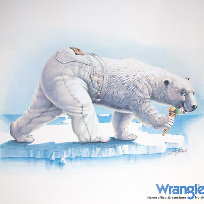 Vintage Wrangler Jeans Polar Bear Large Poster Artwork 57 x 46cm