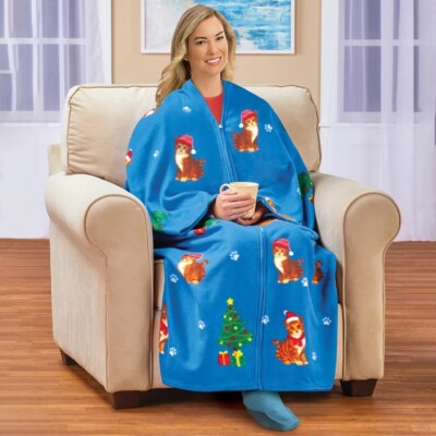 Christmas Cats Wearable Blanket Warm Soft Fleece Robe Zipper Cuddle Wrap 60 x 67