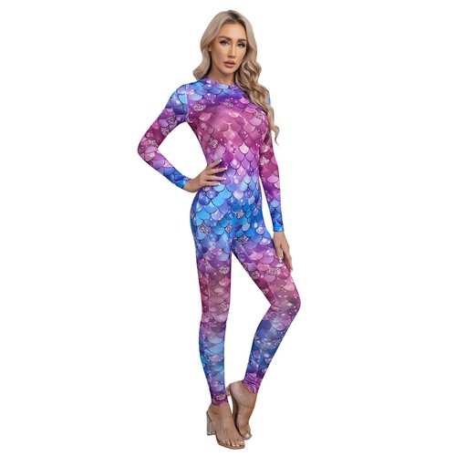 Women Mermaid Cosplay Costume Jumpsuit Fish Scale Print Bodysuit Catsuit AU - Picture 13 of 93