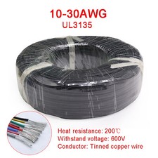Black 10-30AWG Flexible Silicone Wire Cable, HIGH TMPE 200  , Tinned Copper Wire