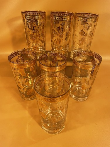 Vintage Lot Of 7 Culver Chantilly Pattern Gold Leaf Highball Drinking Glasses - Picture 2 of 7