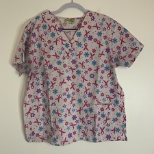Pro Active Pink Cancer Awareness Floral V-Neck Scrub Top Medical Uniform XL