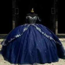 Navy Blue Quinceanera Dresses Glittering Beaded Bow Prom Ball Gowns Sweet 15 16