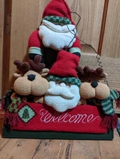 Christmas welcome sign with matching poseable standing Santa plush reindeer 