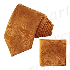 New Brand Q Men's micro fiber Paisley Neck Tie & Hankie Set Orange Prom formal 